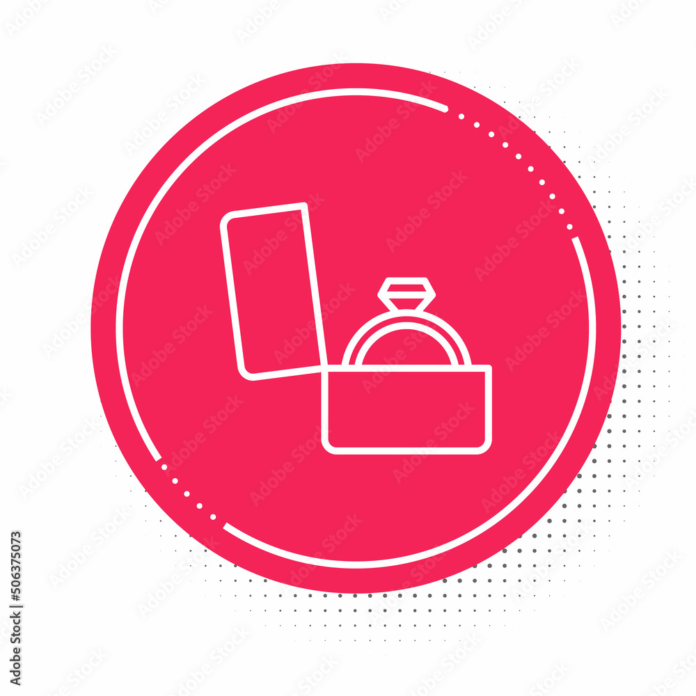 White line Diamond engagement ring in a box icon isolated on white background. Red circle button. Vector White line Diamond engagement ring in a box icon isolated on white background. Red circle button. Vector