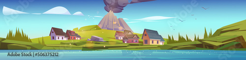 Houses and volcano with black smoke clouds. Vector cartoon illustration of volcanic eruption on summer rural landscape with village, mountain and river coast