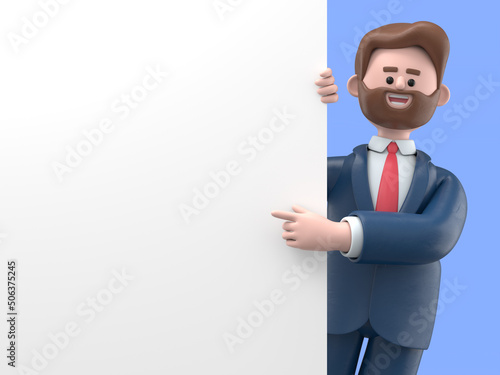 3D illustration of smiling businessman Bob pointing finger at blank presentation or information board. Close up portrait of cute cartoon smiling businessman with advertising placard.