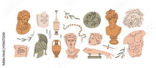 Ancient Greek classic statues and sculptures set, drawn in modern trendy style. Antique art design elements, busts and torsos of Greece. Flat graphic vector illustrations isolated on white background