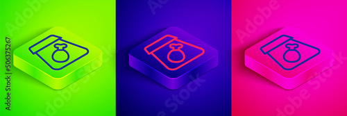 Isometric line Online ordering and fast food delivery with meal icon isolated on green, blue and pink background. Square button. Vector