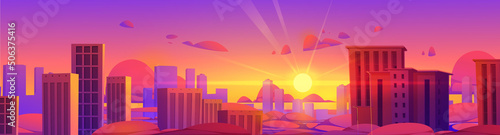 Skyscrapers view above clouds at sunset. Top of high city buildings, downtown towers on background of evening red and purple sky and sun. Vector cartoon illustration of cityscape over clouds