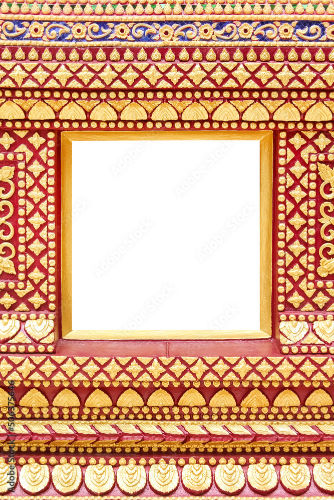 Gold picture frame decorative on art wall in temple isolated on white background , clipping path Gold picture frame decorative on art wall in temple isolated on white background , clipping path