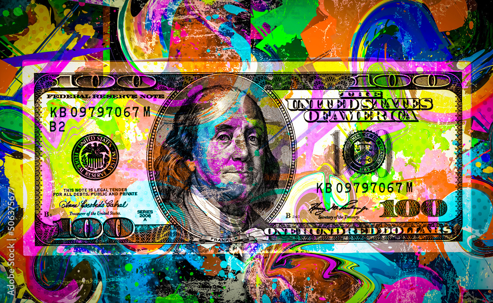 dollar banknote with creative colorful abstract elements on color art - obrazy, fototapety, plakaty 