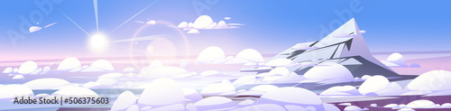 Fototapeta Naklejka Na Ścianę i Meble -  Landscape of high mountain top with snow and ice. Vector cartoon illustration of rock range peak above white soft clouds and bright sun in blue sky. Mountain summit winter scene