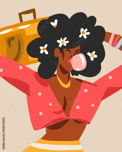 Hand drawn vector abstract flat stock modern graphic illustration character of young happy retro vintage disco african american girl roller skating,90 vintage print concept,retro vector people design