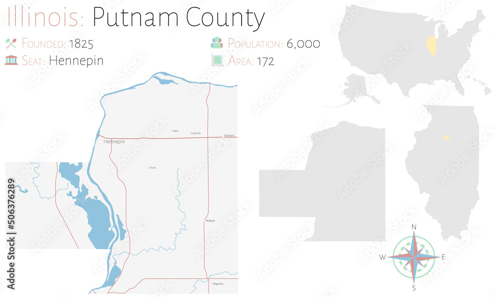 Fototapeta Large and detailed map of Putnam county in Illinois, USA.