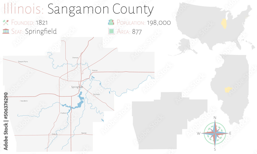 Large and detailed map of Sangamon county in Illinois, USA.