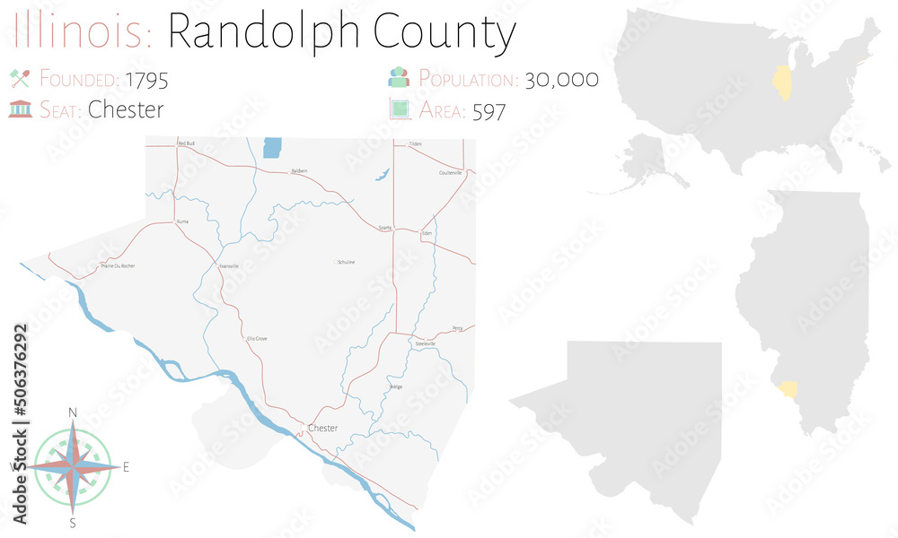Large and detailed map of Randolph county in Illinois, USA.