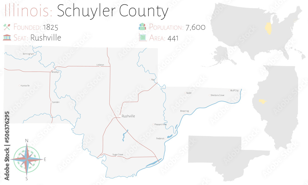 Large and detailed map of Schuyler county in Illinois, USA.