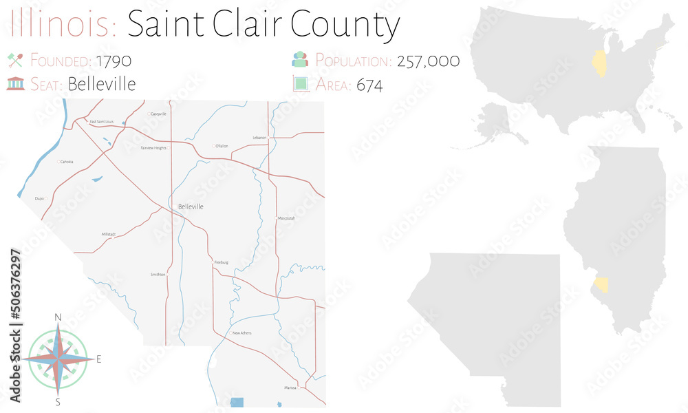 Large and detailed map of Saint Clair county in Illinois, USA.