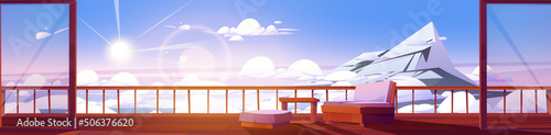 High mountain landscape with wooden house terrace and white clouds. Vector cartoon illustration of cottage or chalet veranda or balcony with couch and table and panorama of snow rock summit
