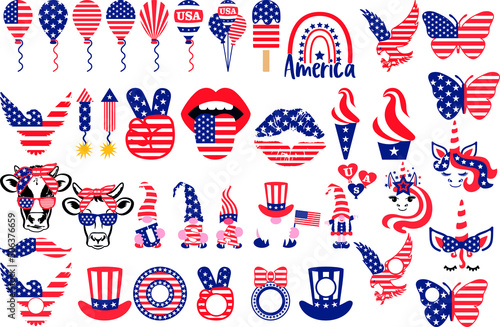 American Patriotic 4th of July Bundle. USA celebration  national symbols set for independence day isolated on white background. USA Independence Day Clipart. Rainbow, cow, lips, gnomes, eagle, butterf