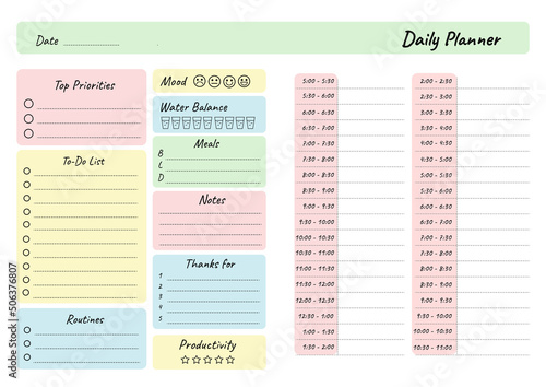 Daily planner printable template Vector. Blank white notebook page A4. Business organizer schedule page for a day for effective planning. Schedule template. Paper sheet. Vector illustration design