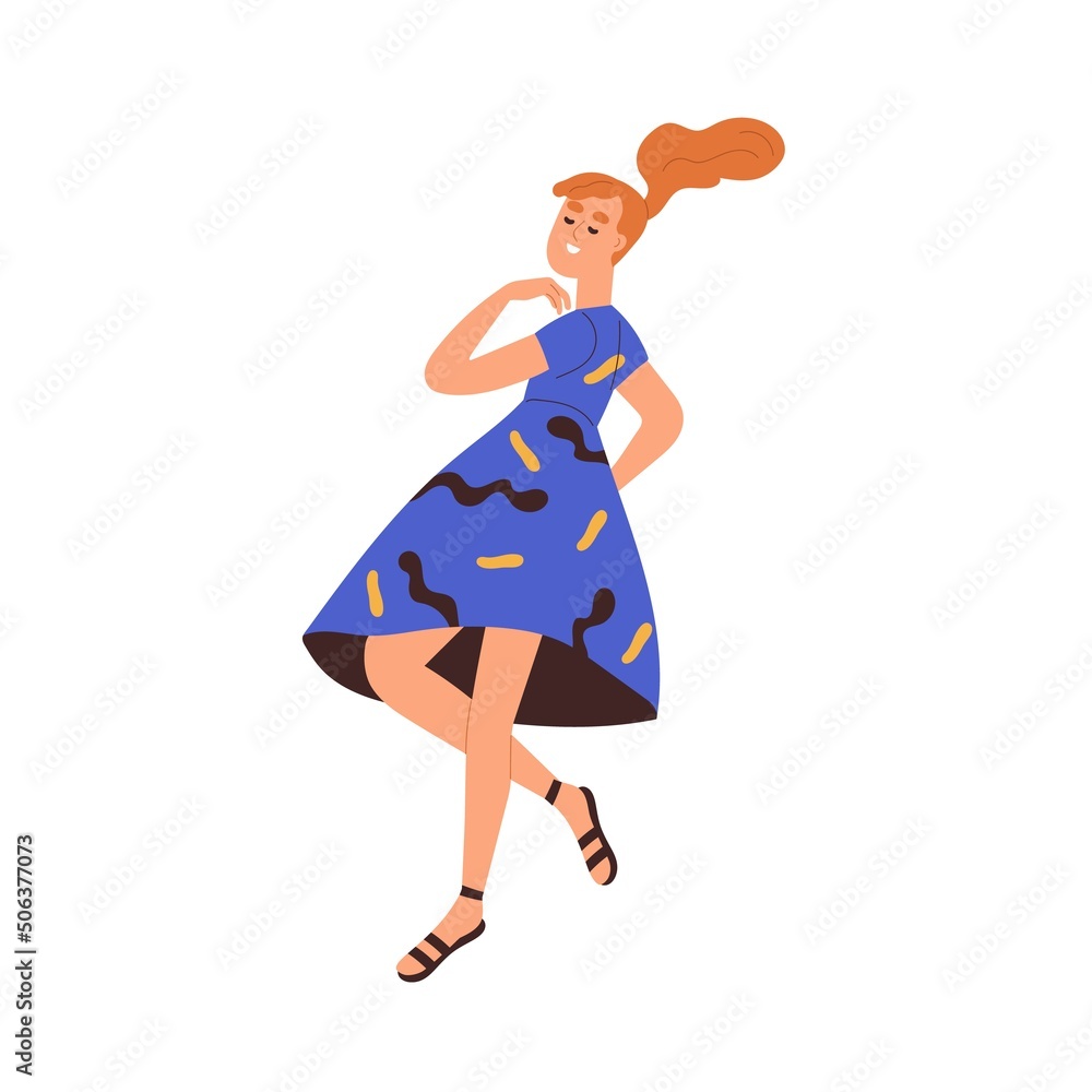 Happy smiling girl enjoying, swirling around in dress. Delighted cheerful woman feeling happiness, joy. Inspired person dreaming with closed eyes. Flat vector illustration isolated on white background Happy smiling girl enjoying, swirling around in dress. Delighted cheerful woman feeling happiness, joy. Inspired person dreaming with closed eyes. Flat vector illustration isolated on white background