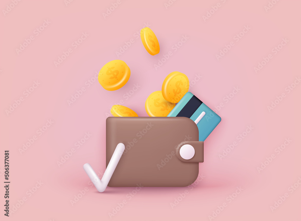 Money saving icon concept. Wallet with coins and credit card. 3D Web Vector Illustrations. - obrazy, fototapety, plakaty 
