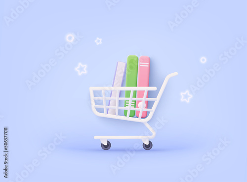 Shopping cart with tack of colored books on it. Online books shopping concept. 3D Web Vector Illustrations.