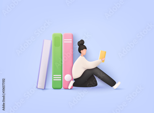 Woman reading a open book. Stack of colored books. Pile of books. Hardback books composition. 3D Web Vector Illustrations.