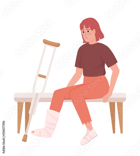 Woman with broken leg and crutch semi flat color vector character. Sitting figure. Full body person on white. Injury recovery simple cartoon style illustration for web graphic design and animation