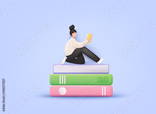 Woman reading a open book. Stack of colored books. Pile of books. Hardback books composition. 3D Web Vector Illustrations.