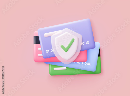 Credit card security concept. Secure bank transaction with password verification via internet. Online payment protection system concept with smartphone and wallet. 3D Web Vector Illustrations.