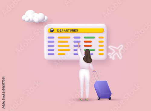Tourist waiting for departure in an airport. Time to travel concept. 3D Web Vector Illustrations.