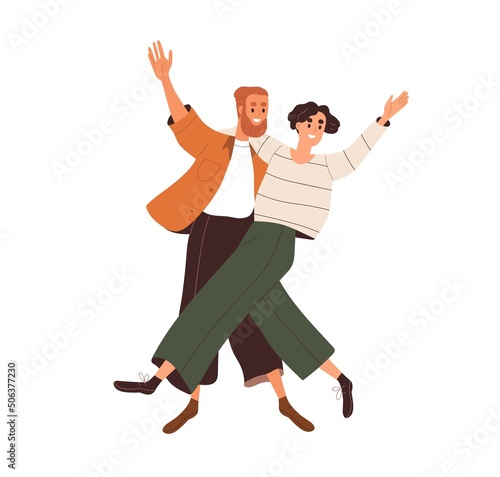 Happy couple of young excited man and woman dancing, hugging, rejoicing. Fun and joy of positive energetic people, modern smiling girl and guy. Flat vector illustration isolated on white background