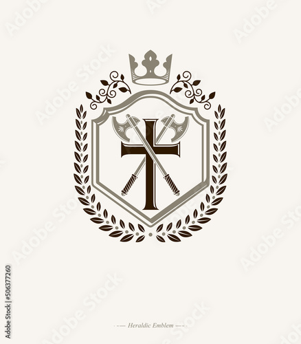 Vintage decorative heraldic vector emblem composed with armory and monarch crown