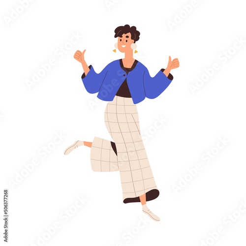 Happy woman jumping, celebrating, gesturing with thumbs up. Excited smiling girl dancing with positive energy, fun, joy. Joyful active person. Flat vector illustration isolated on white background