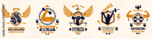 Fitness sport emblems logos or posters with barbells dumbbells kettlebells and muscle man silhouettes vector set, athletic workout active lifestyle theme, sport club or competition awards.