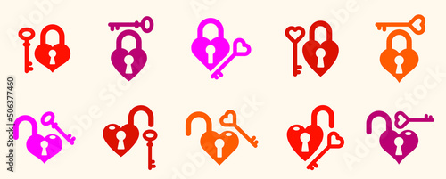 Heart shaped padlocks vector logos or icons set, locks and turnkeys love theme in a shape of hearts open or closed emotions, secret feelings concept, Valentine theme.
