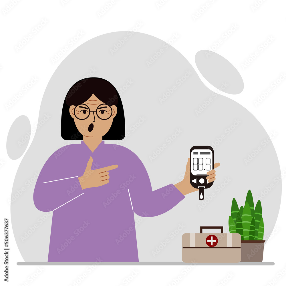 Screaming woman holds a glucometer in his hand. The concept of blood sugar control, diabetic.