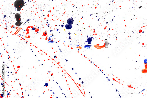 Drops of red and blue paint on a white background.