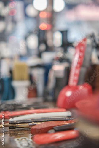 Barber tools lying on the table at barber shop