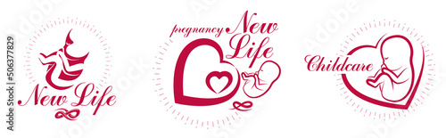 Pregnancy and motherhood theme vector illustrations set fetus drawings isolated on white background, new life baby shower beautiful baby.