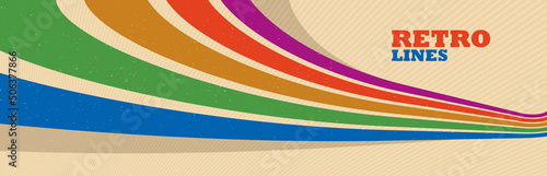 Retro style abstract background with curve lines in all colors of rainbow, 3D dimensional seventieth vector art.