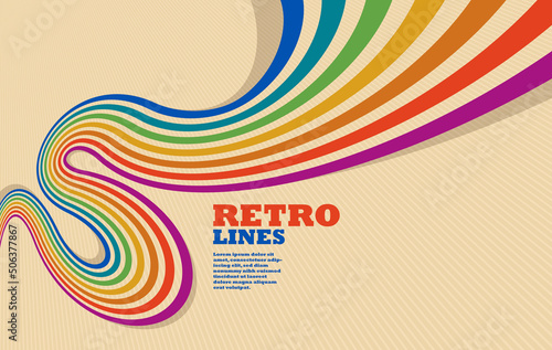 Linear vector abstract background in all colors of rainbow, retro style lines in 3D dimensional perspective, vintage poster art.