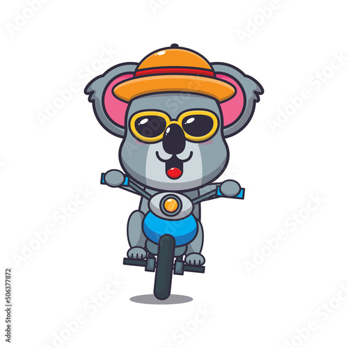 Cool koala cartoon mascot character in sunglasses ride motocycle in summer day