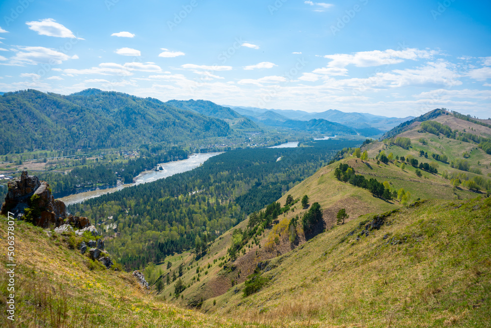 View with mountains, river Katun and valley from top of the rock - damn finger - in the mountainous Altai, Russia View with mountains, river Katun and valley from top of the rock - damn finger - in the mountainous Altai, Russia