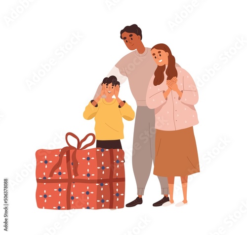 Family presenting gift. Parents giving birthday box to happy child. Mom, dad and boy kid with surprise. Mother, father and son on holiday. Flat vector illustration isolated on white background