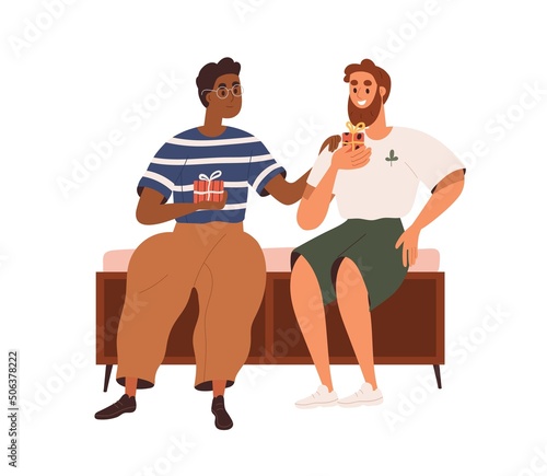 Men friends exchanging gift boxes. Happy guys presenting, giving, receiving surprises for holiday. Biracial couple hold giftboxes for each other. Flat vector illustration isolated on white background