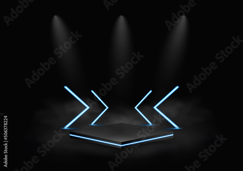 Modern spotlight blue neon pedestal scene for product display with smoke on black backgroundvector illustration.