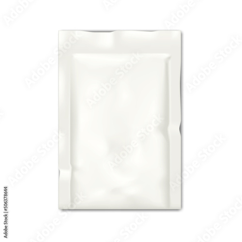 Blank white sachet packet package vector mock-up. Small pouch template. Food, medical or cosmetic product individual packaging mockup
