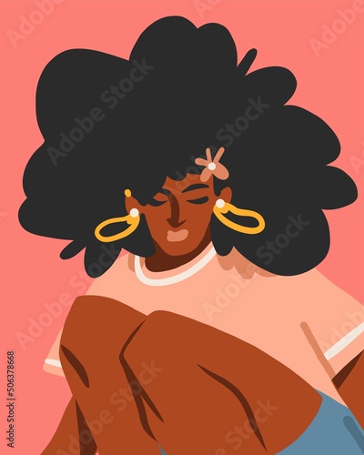 Hand drawn vector abstract flat stock modern graphic illustration character of young summer retro vintage funky african american girl,90s vintage avatar print concept,retro vector modern woman design.