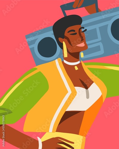 Hand drawn vector abstract flat stock modern graphic illustration character of young summer retro vintage funky african american girl,90s vintage avatar print concept,retro vector modern woman design