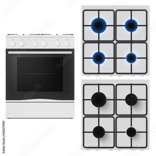 Realistic gas stove with burning and extinguished burner set vector appliance blue flame glowing