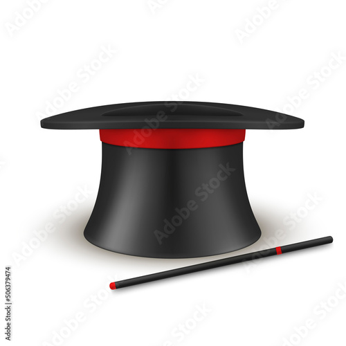 Black cylinder magician hat with wand stick realistic template vector illustration wizard headdress