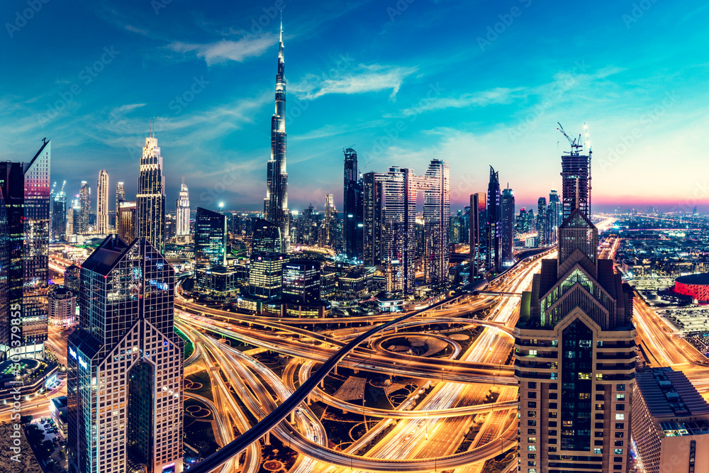 Obraz premium Burj Khalifa in Dubai downtown skyscrapers highrise architecture at night