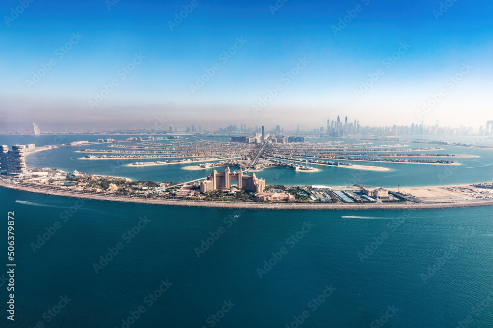 Fototapeta premium Dubai Palm Jumeirah island aerial view in United Arab Emirates