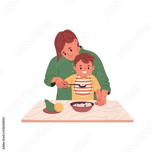 Mom helping kid with food. Mother feeding child from spoon. Happy baby in nib eating healthy nutrition, porridge with berries, sitting at table. Flat vector illustration isolated on white background